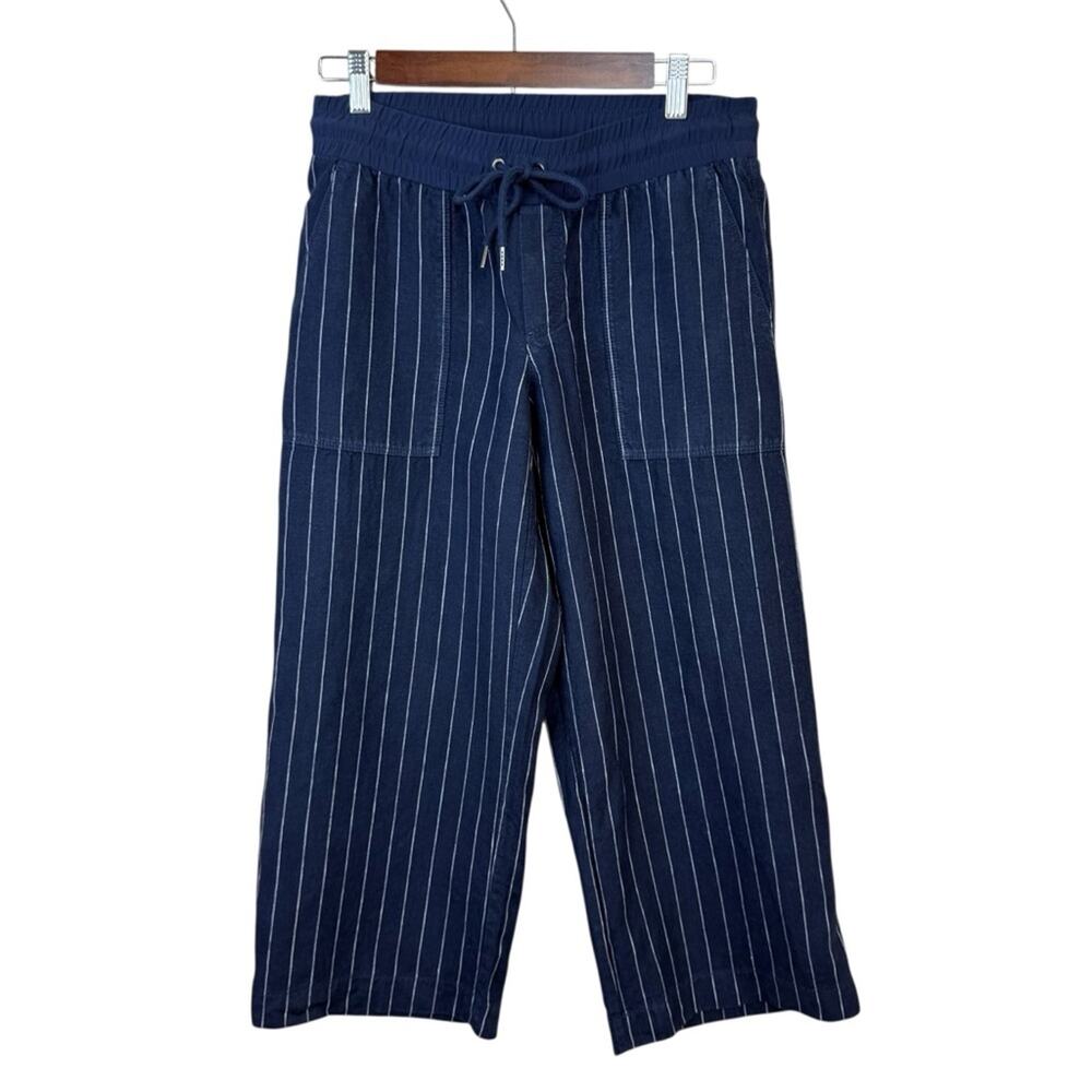 ATHLETA 100% Linen Bali Navy Blue Stripe Wide Leg Drawstring Crop Pants Sz 4 - Picture 2 of 14